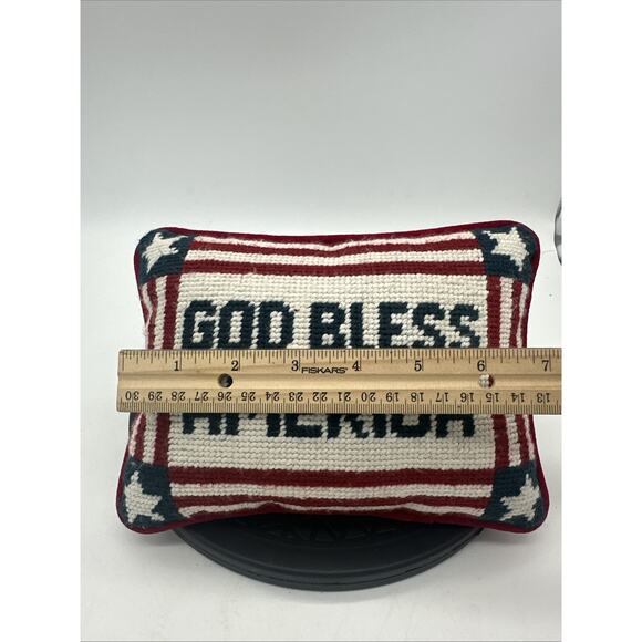 VTG God Bless America Needlepoint Wool Embroidery Velvet Deco Accent Pillow - Picture 2 of 4